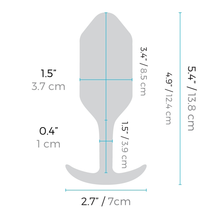 A blue silicone vibrating snug plug with dimensions labeled.