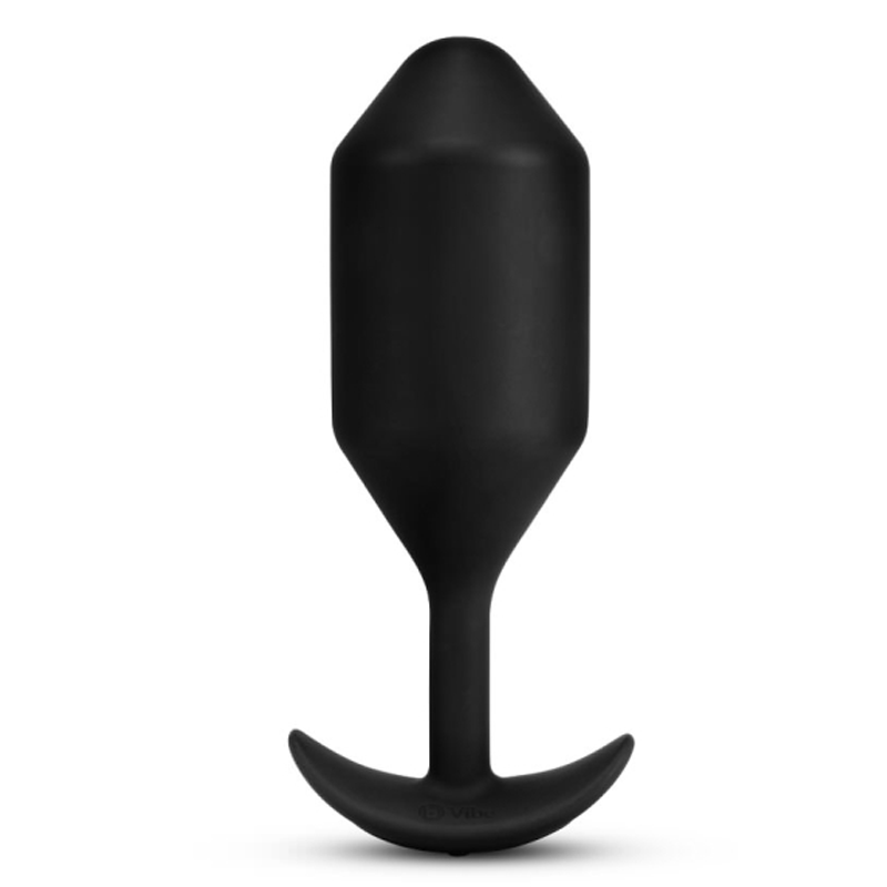Black weighted silicone anal plug with a flared base.