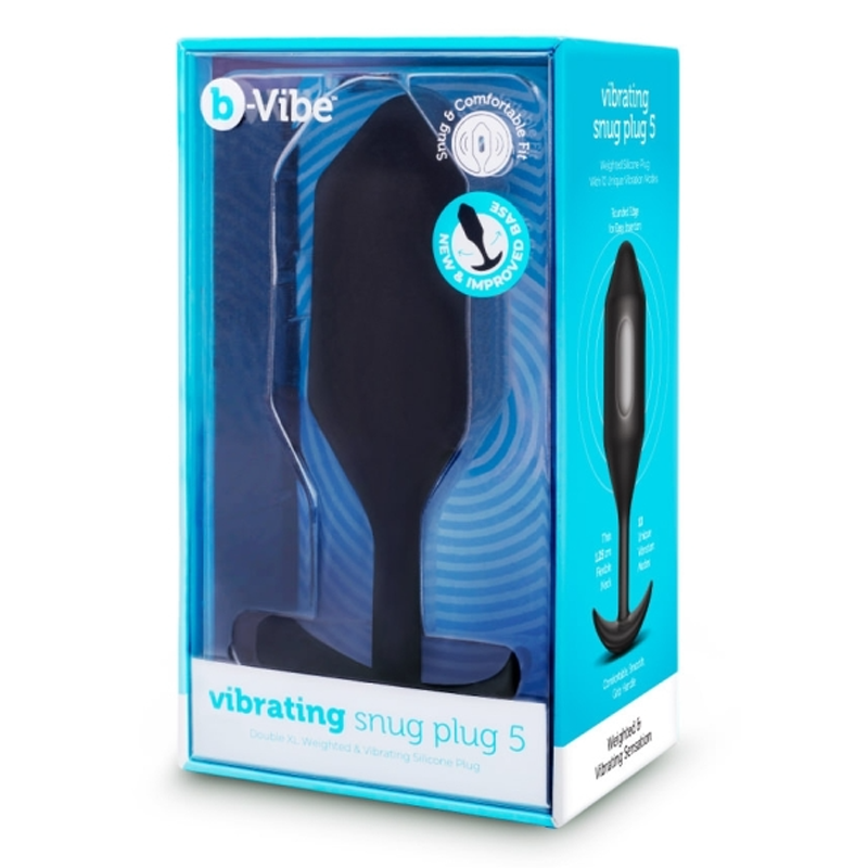 A black vibrating snug plug 5 in its blue and white packaging.