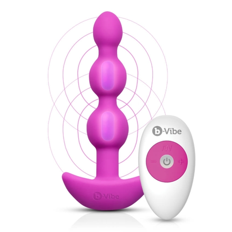 Fuchsia silicone vibrating anal beads with a remote control.