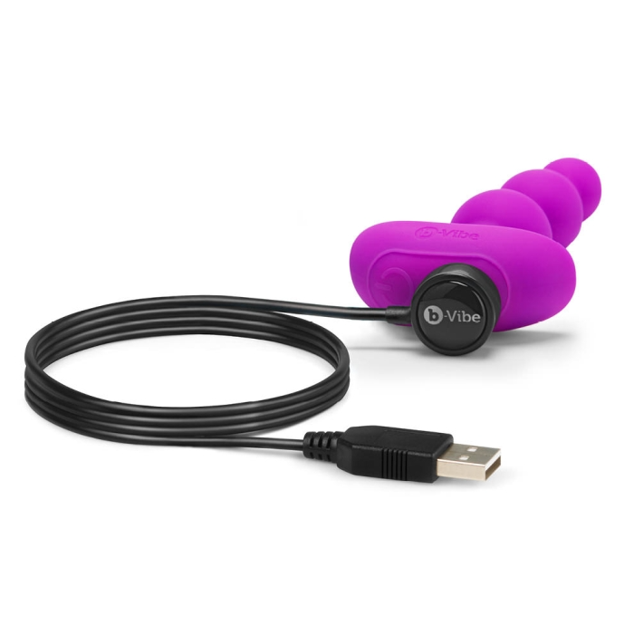 Fuchsia silicone vibrating anal beads with a black USB charging cable.