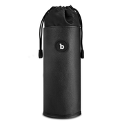 Black faux leather pouch with drawstring closure and a white 'b' logo.