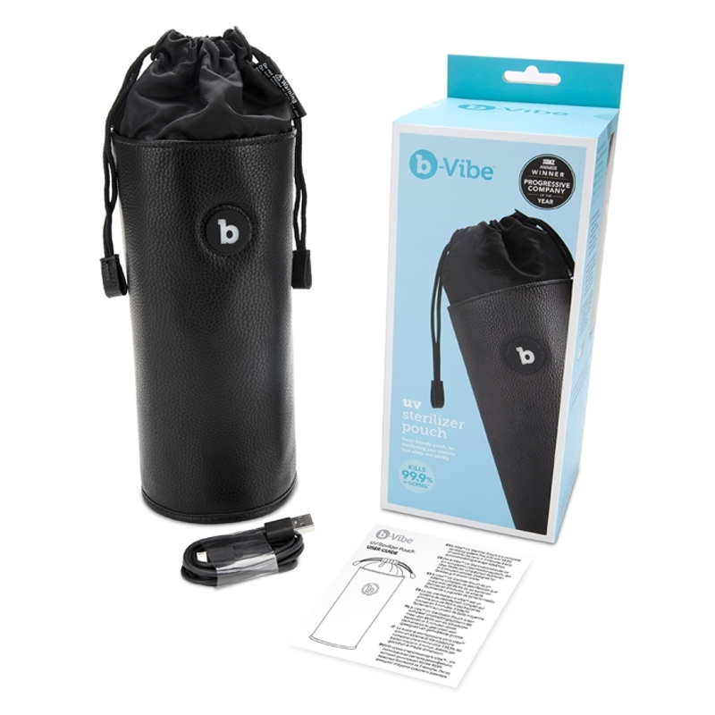 A black b-Vibe UV sterilizer pouch with a drawstring closure, a USB cable, and a user guide.