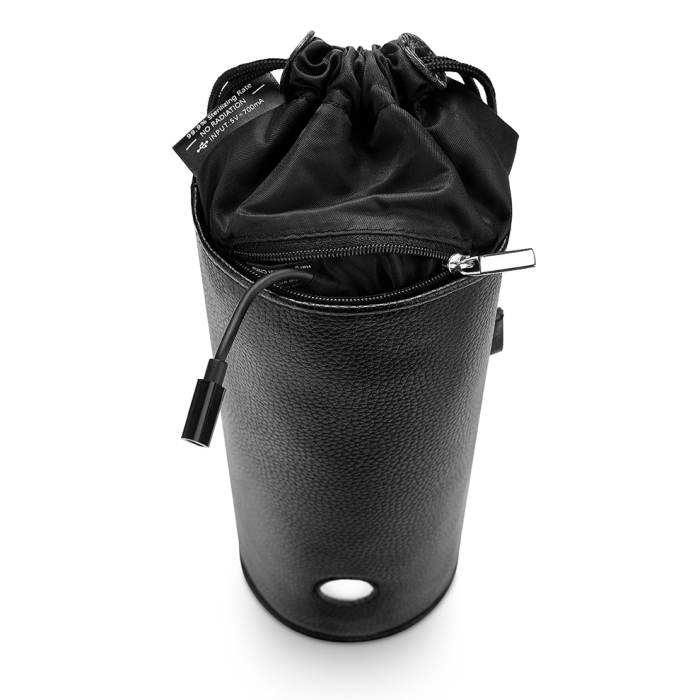 Black UV sterilizer pouch with a drawstring closure and a USB cable.