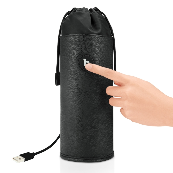 Black b-Vibe UV sterilizer pouch with a finger pressing the logo and a USB cable.
