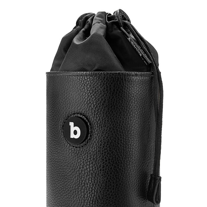 Black textured pouch with a drawstring closure and a circular "b" logo.