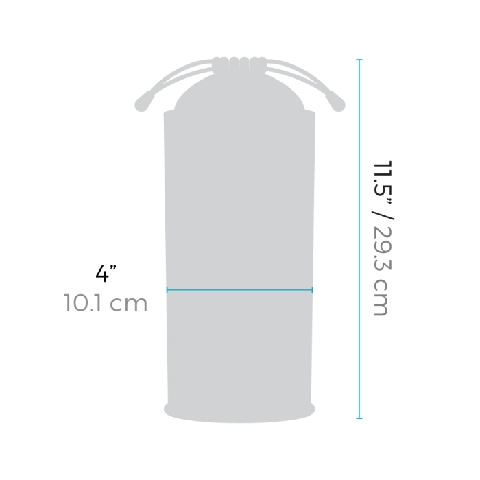 A grey drawstring pouch with dimensions indicated as 4 inches wide and 11.5 inches tall.