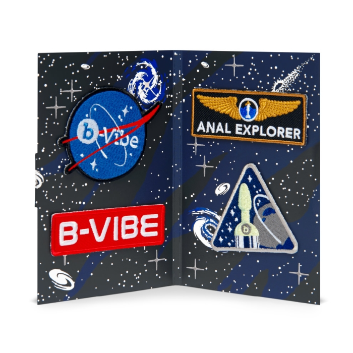 A set of space-themed patches, including a NASA-style logo and an "Anal Explorer" patch.