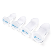 Four clear glass anal dilators with b-Vibe branding and size indicators.