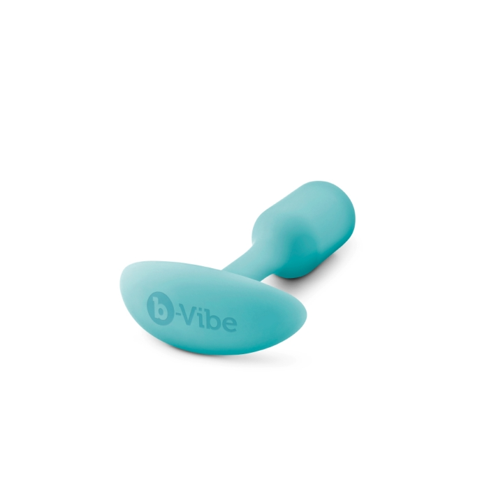 A mint green silicone butt plug with the b-Vibe logo.