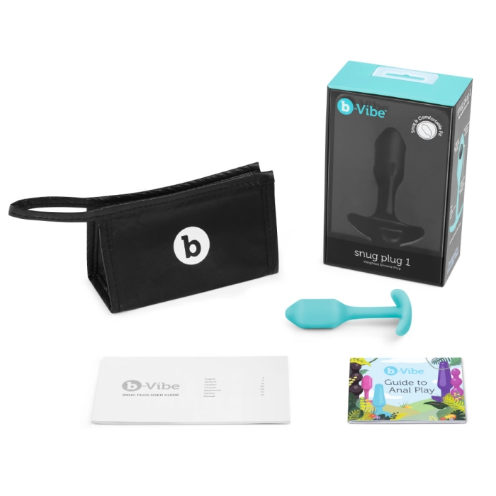 Mint b-Vibe Snug Plug 1 with storage pouch and guides.
