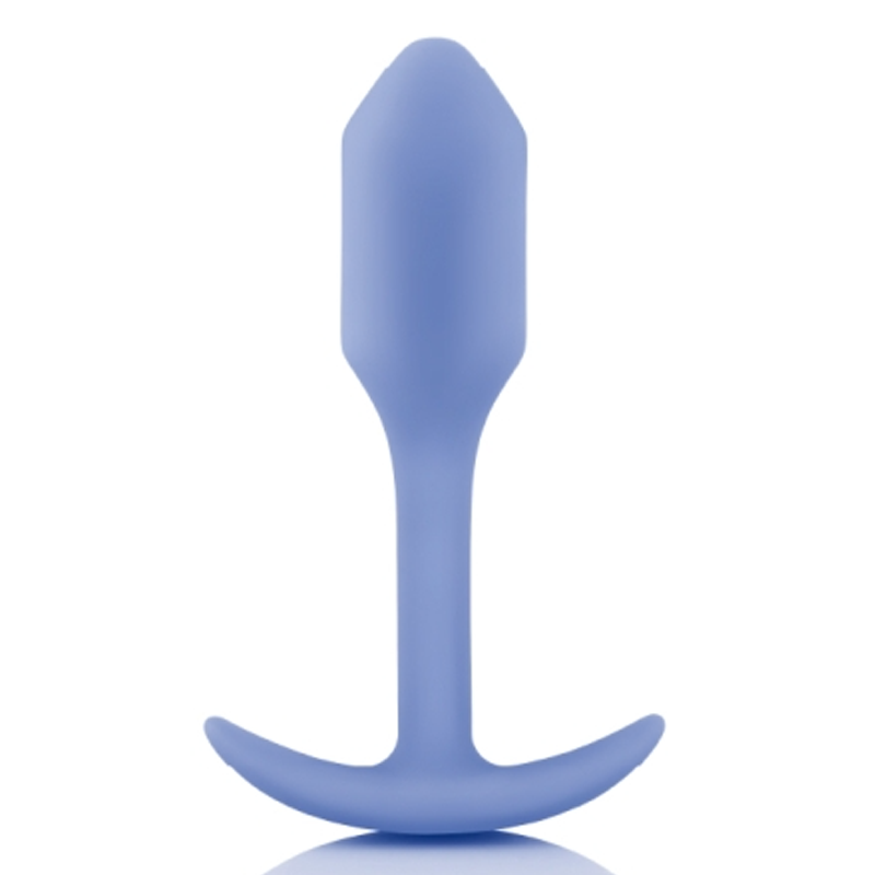 A violet weighted silicone anal plug with a flared base.