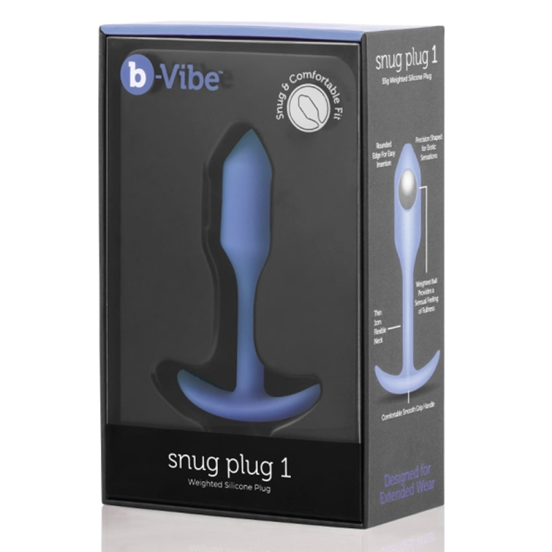 Violet b-Vibe Snug Plug 1 weighted silicone anal plug in packaging.