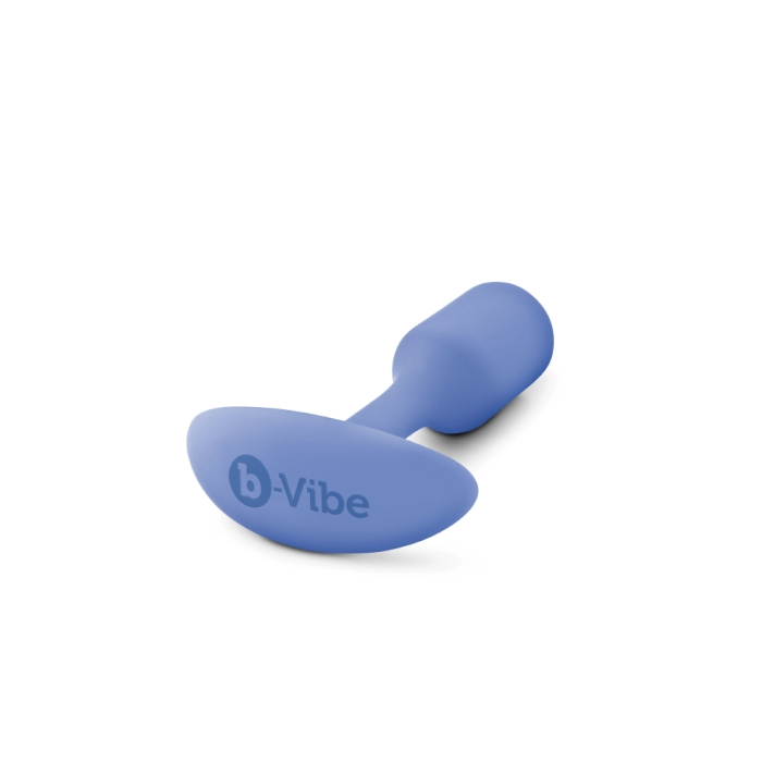 A violet weighted silicone anal plug with the b-Vibe logo.