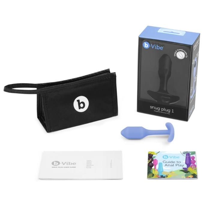 Violet b-Vibe Snug Plug 1 weighted silicone anal plug with storage pouch and guides.