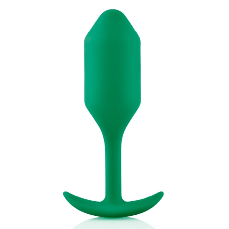Green weighted silicone anal plug with a flared base.