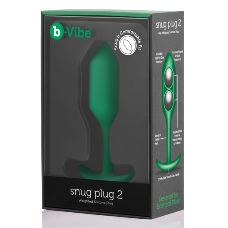 Green b-Vibe Snug Plug 2 weighted silicone anal plug in packaging.