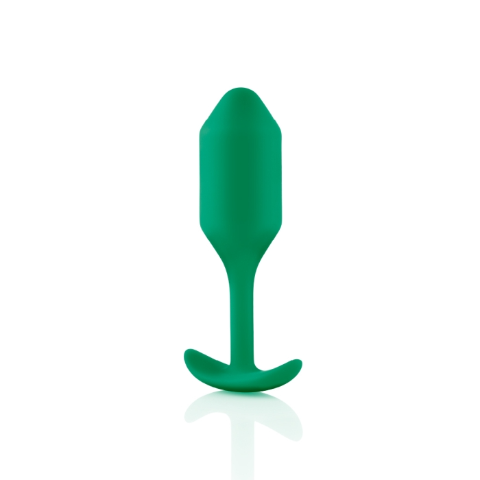 Green weighted silicone anal plug with a flared base.