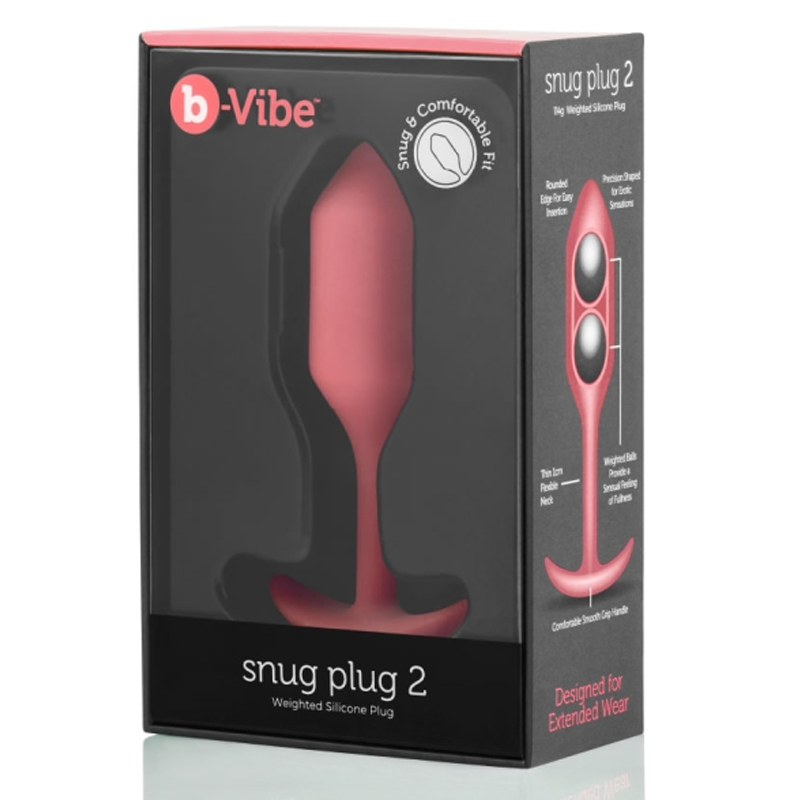 Coral b-Vibe Snug Plug 2 weighted silicone anal plug in packaging.