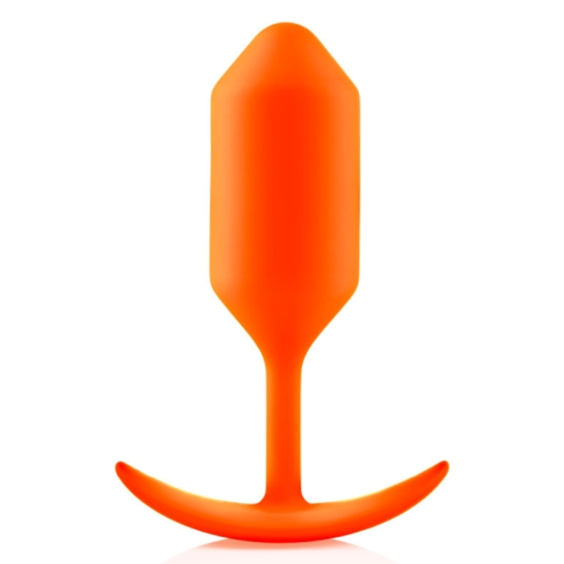 Orange weighted silicone anal plug with a flared base.