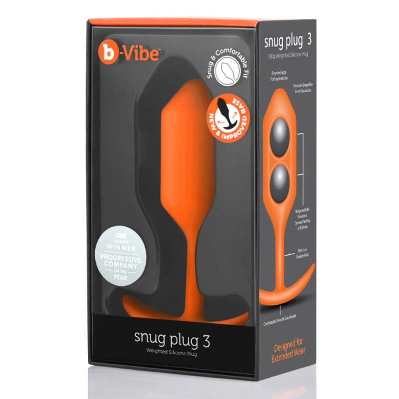 Orange b-Vibe Snug Plug 3 weighted silicone anal plug in packaging.