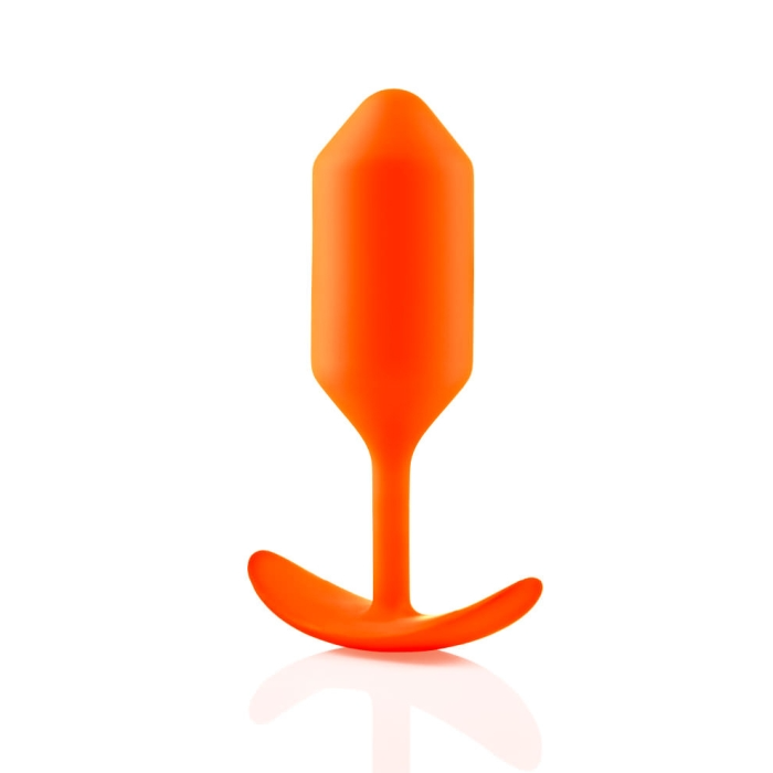 Orange weighted silicone anal plug with a flared base.