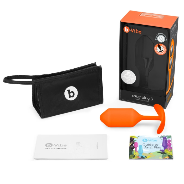 Orange weighted silicone anal plug with storage pouch and guides.