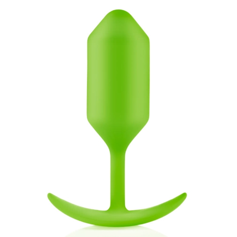 Lime green weighted silicone anal butt plug with a curved base.