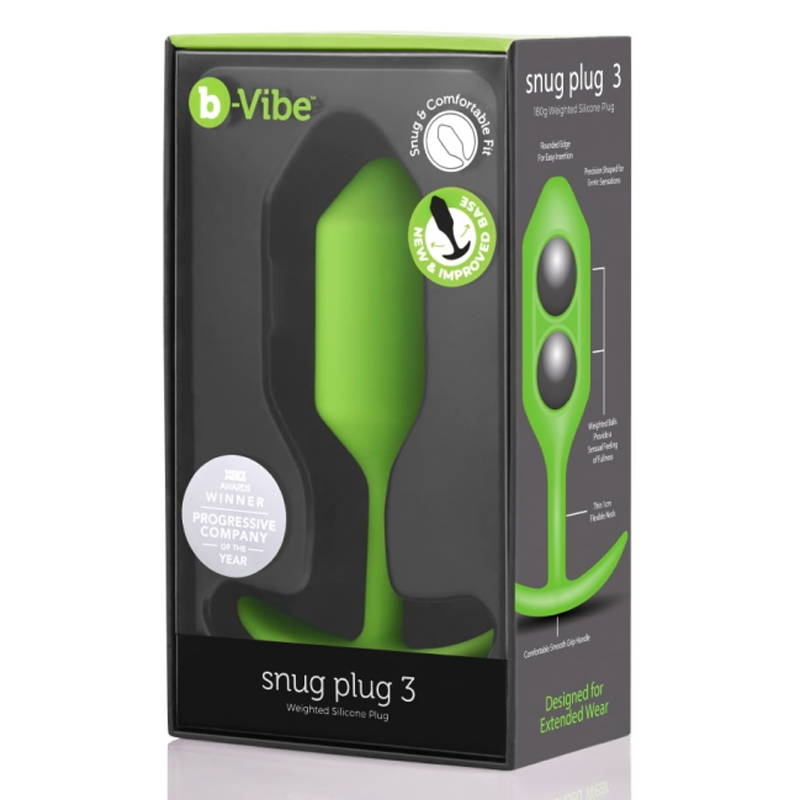Lime green b-Vibe Snug Plug 3 weighted silicone anal plug in packaging.