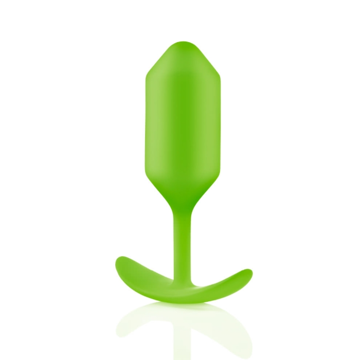 A lime green weighted silicone anal butt plug with a curved base.