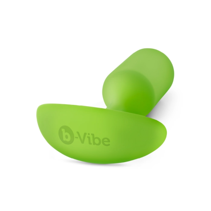 A lime green weighted silicone anal butt plug with the b-Vibe logo.