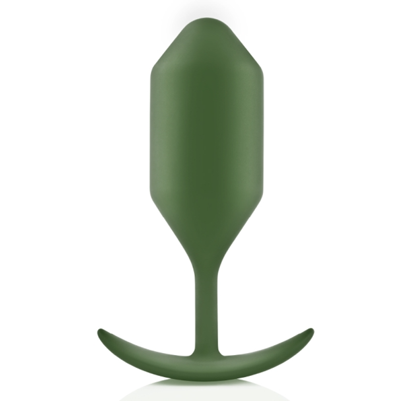 A weighted green silicone anal plug with a flared base.