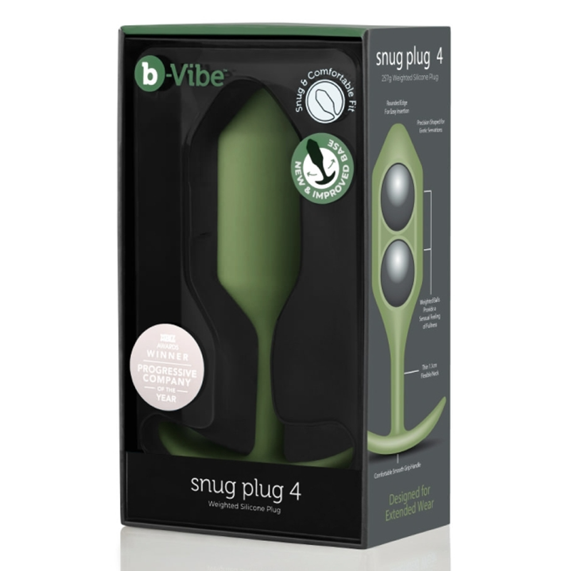 Army green b-Vibe Snug Plug 4 weighted silicone anal plug in packaging.
