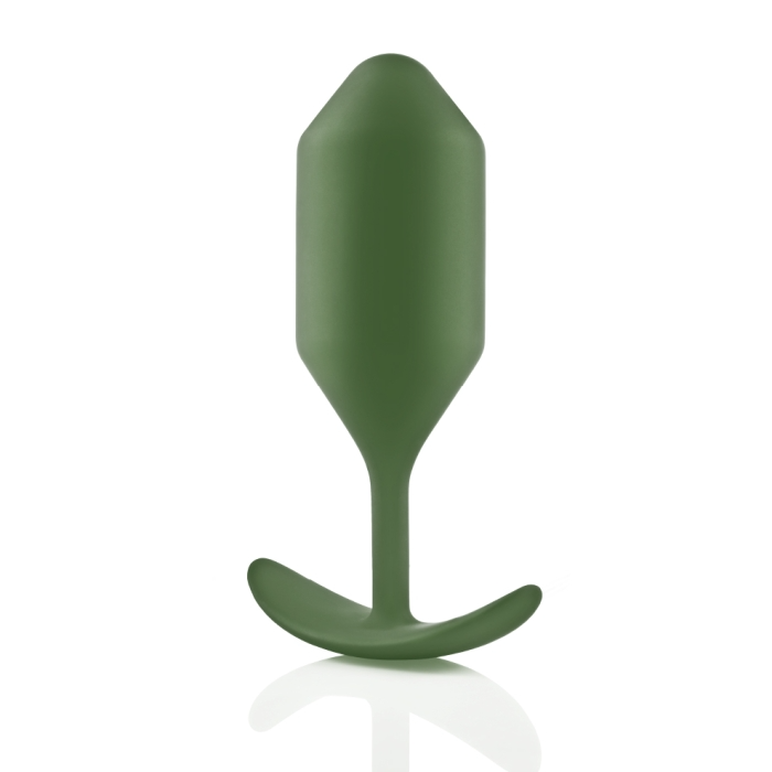 A weighted army green silicone anal plug with a flared base.