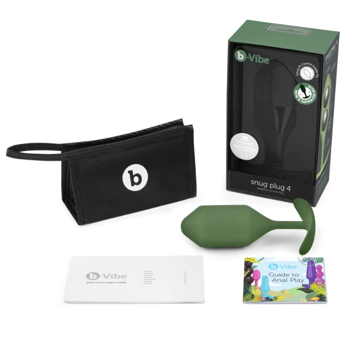 Army green b-Vibe Snug Plug 4 weighted silicone anal plug with storage pouch and guides.