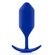 A navy blue weighted silicone anal plug with a flared base.
