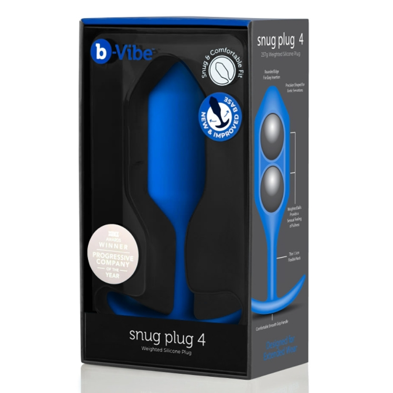 A navy blue b-Vibe Snug Plug 4 weighted silicone anal plug in its packaging.