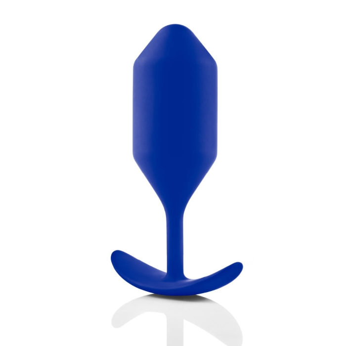 A navy blue weighted silicone anal plug with a flared base.