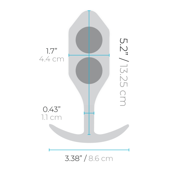 Diagram showing dimensions of a navy blue silicone anal plug.