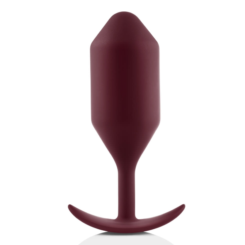 Dark red weighted silicone anal butt plug with a flared base.