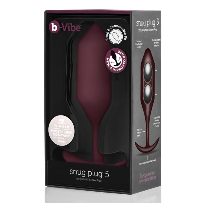 Dark red b-Vibe Snug Plug 5 weighted silicone anal butt plug in its box.
