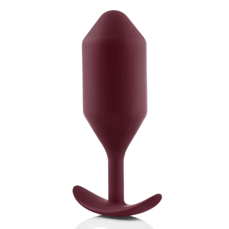 Dark red weighted silicone anal butt plug with a curved base.