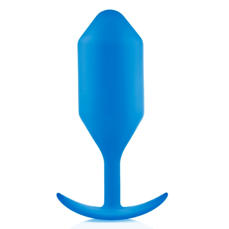 Blue weighted silicone anal butt plug with a flared base.