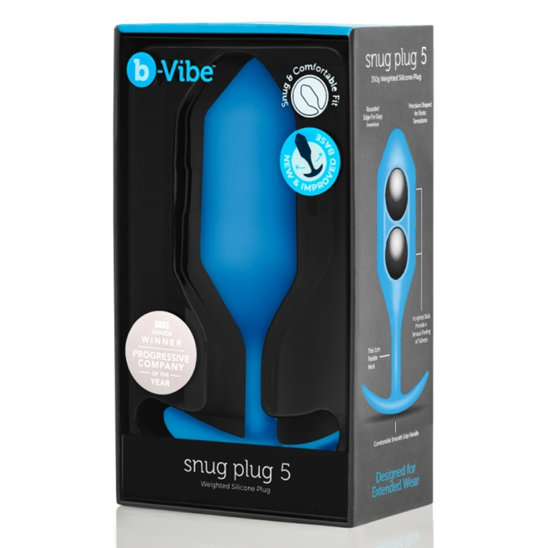Blue b-Vibe Snug Plug 5 weighted silicone anal plug in packaging.