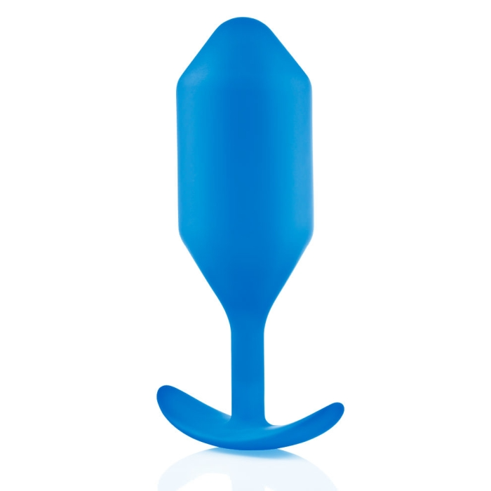 A blue weighted silicone anal butt plug with a flared base.