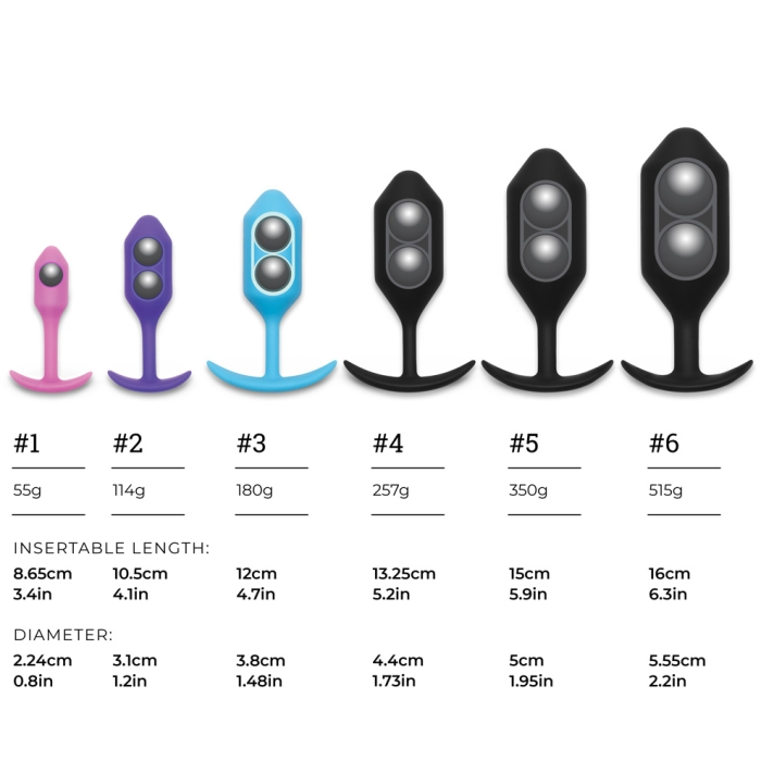 Six weighted silicone anal plugs of increasing size and weight, labeled 1 through 6.