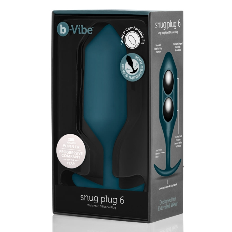 A teal b-Vibe Snug Plug 6 weighted silicone anal plug in its packaging.