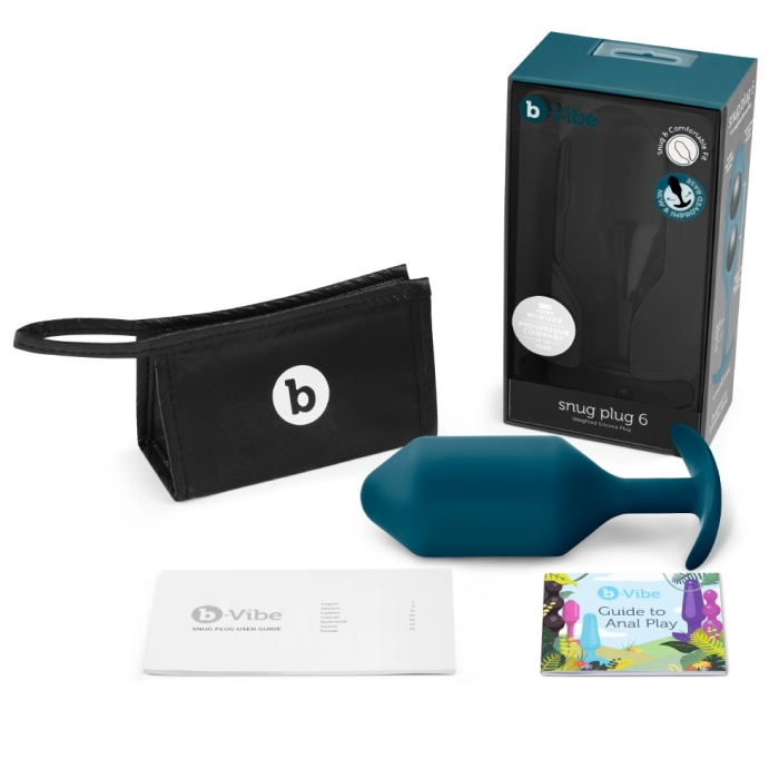 A marine blue b-Vibe Snug Plug 6 weighted silicone anal plug with accessories.