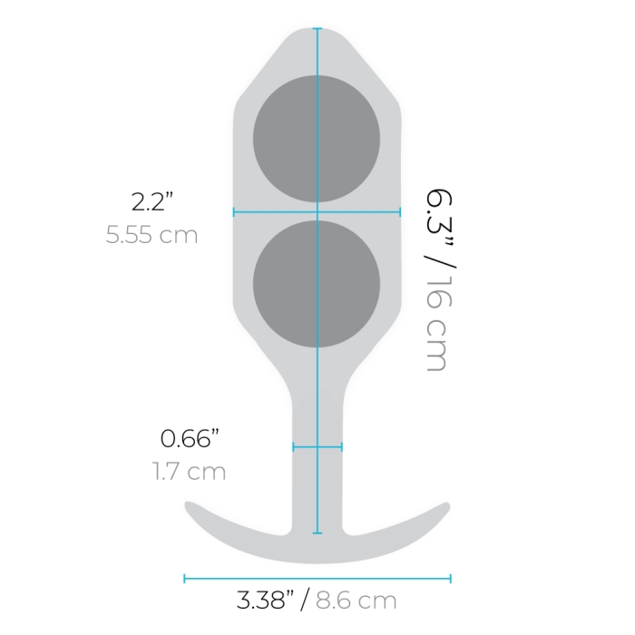 Diagram of a weighted silicone anal plug with dimensions.