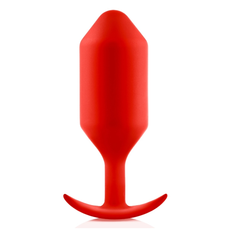 A red weighted silicone anal plug with a tapered tip and T-shaped base.